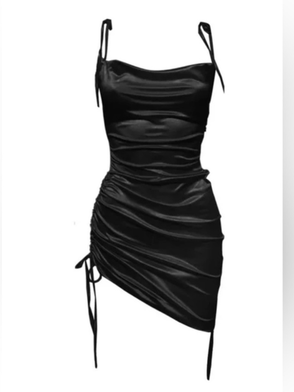 Sleek Black Satin Asymmetric Ruched Mini Dress